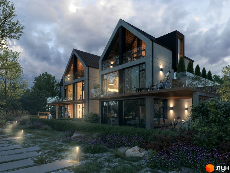 Котеджне містечко Concept Riviera. Два будинки з великими вікнами та терасами на тлі вечірнього неба та доглянутої прибудинкової території з освітленням.