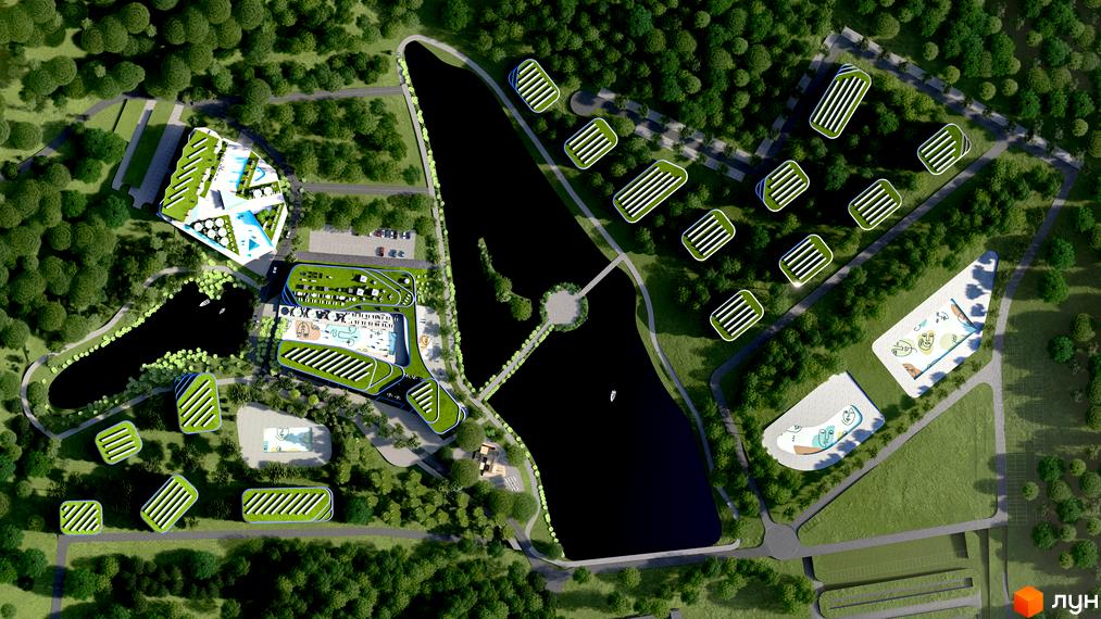 Апарт-комплекс GRAND FAMILY ЗАКАРПАТТЯ з зеленими дахами та басейнами, розташований біля озера та оточений деревами.