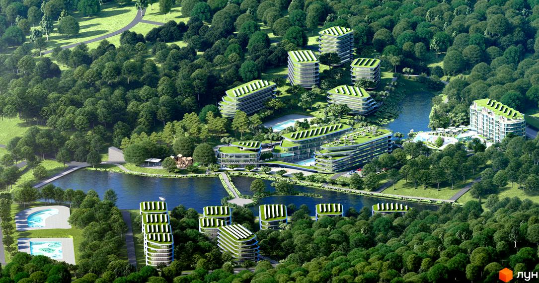 Апарт-комплекс GRAND FAMILY ЗАКАРПАТТЯ з зеленими дахами та сучасними фасадами, розташований біля озера в оточенні лісу.