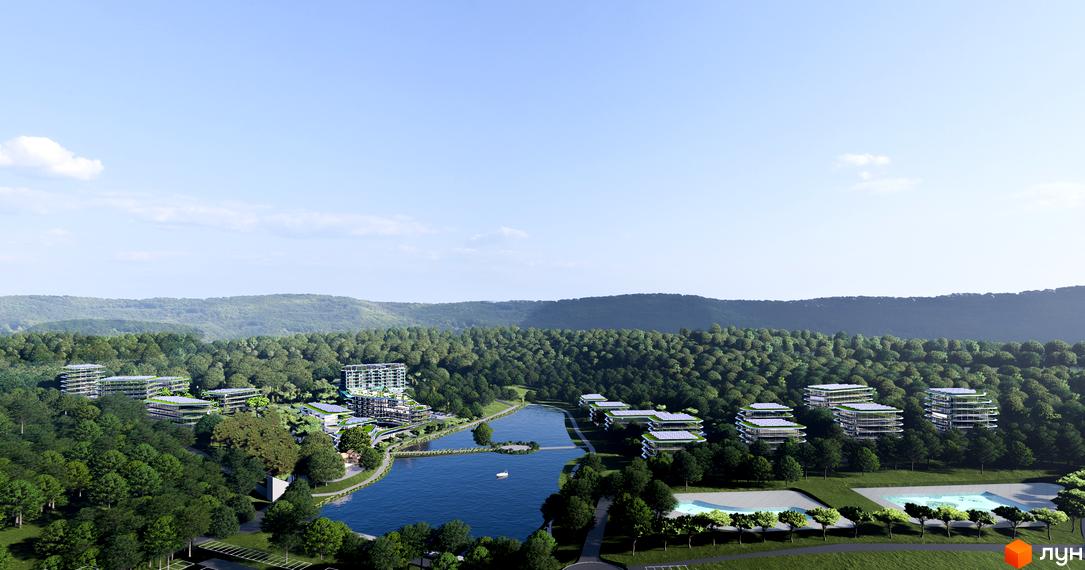 Апарт-комплекс GRAND FAMILY ЗАКАРПАТТЯ з сучасними будівлями та озелененою територією біля озера. Комплекс оточений лісом, пропонує відпочинок біля води та зелені.