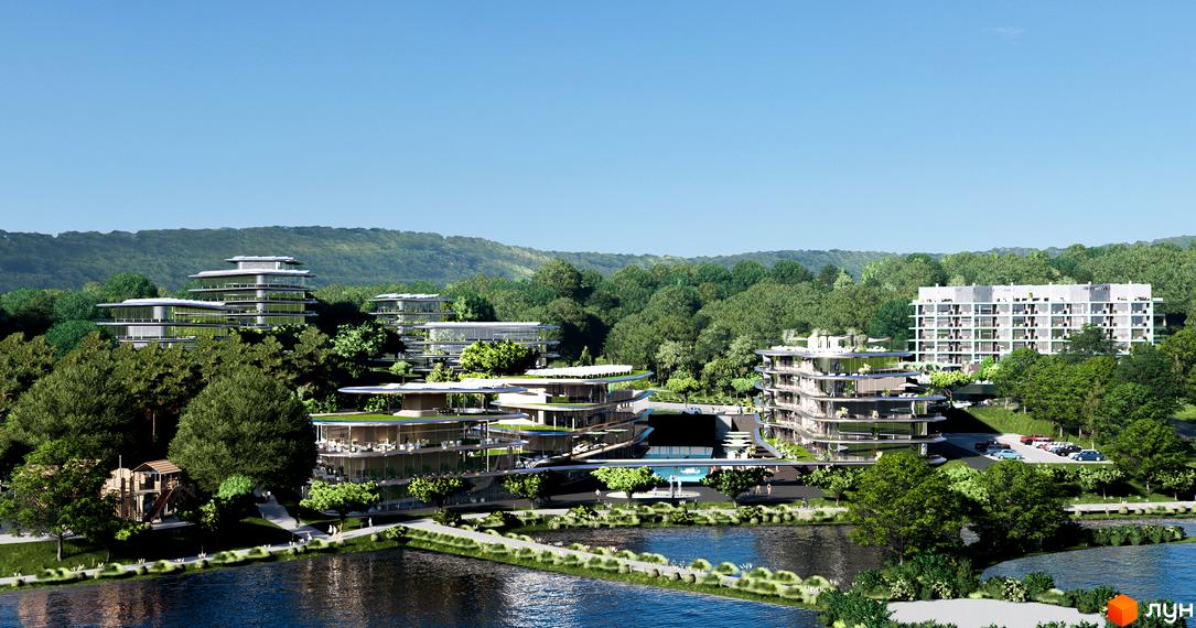 Апарт-комплекс GRAND FAMILY ЗАКАРПАТТЯ з багатоповерховими будівлями та басейном на тлі зелених пагорбів та озера. Навколо комплексу розташовані дерева та доглянута територія.