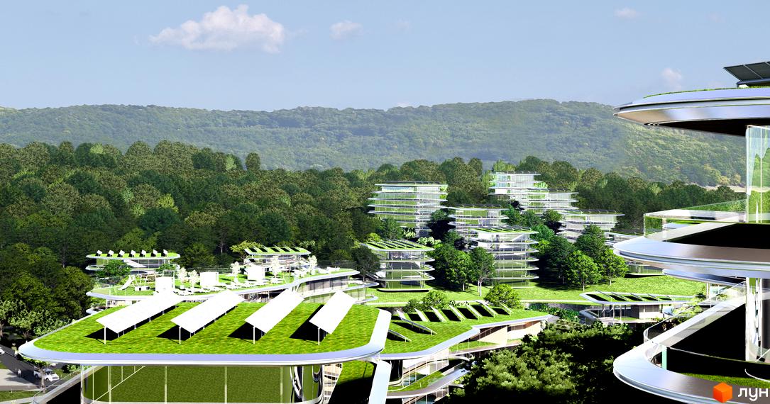 Апарт-комплекс GRAND FAMILY ЗАКАРПАТТЯ з зеленими терасами та сонячними панелями на дахах, розташований серед лісу.