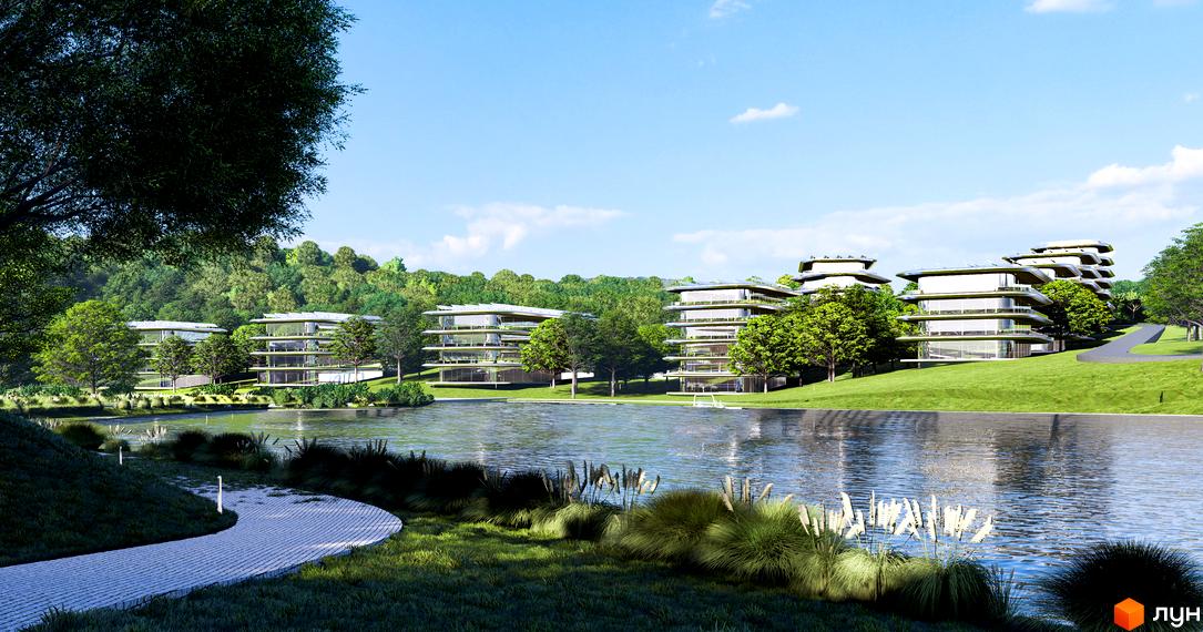 Апарт-комплекс GRAND FAMILY ЗАКАРПАТТЯ з багатоповерховими будинками та озелененою територією біля озера. Комплекс має панорамне скління та тераси.