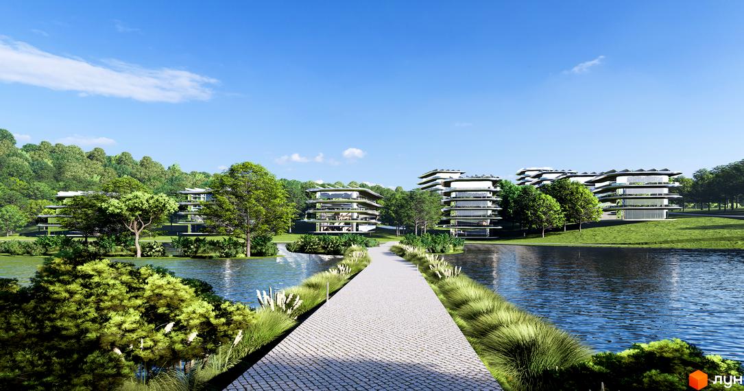 Апарт-комплекс GRAND FAMILY ЗАКАРПАТТЯ з багатоповерховими будівлями та терасами, розташований біля озера з доглянутою прибудинковою територією та зеленню.