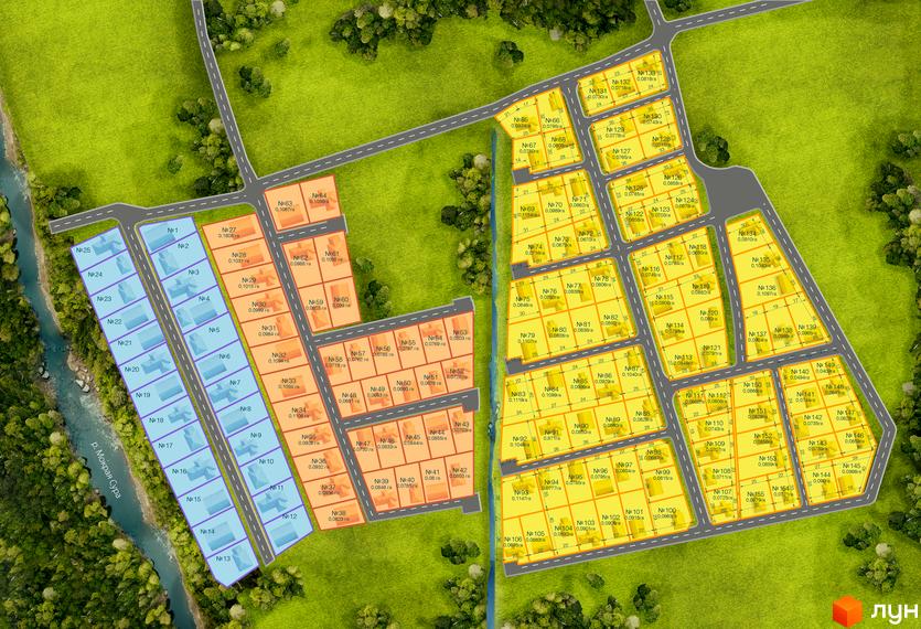 План Котеджного містечка Sun Coast з ділянками під забудову. Навколо комплексу зелені насадження та річка.