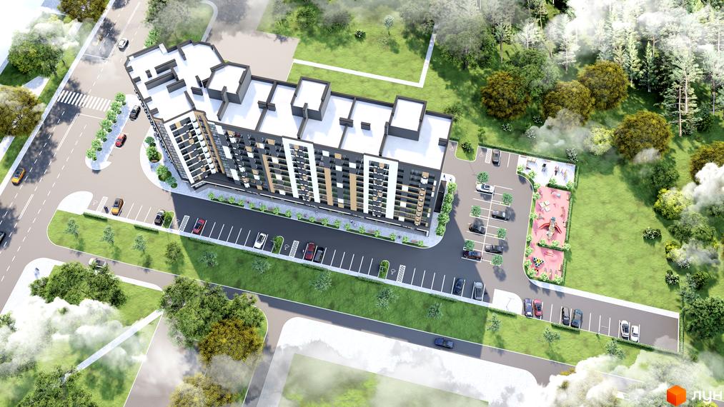 Зовнішній вигляд багатоповерхового будинку на просп. Відродження з паркінгом та дитячим майданчиком. Огляд новобудови з висоти пташиного польоту.