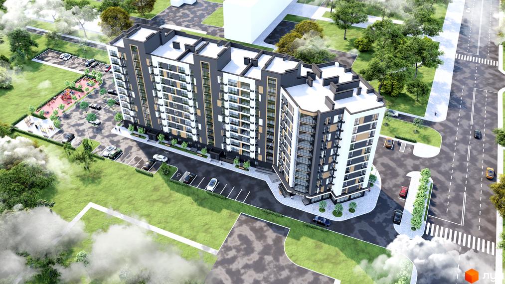 Зовнішній вигляд новобудови на просп. Відродження з парковкою та дитячим майданчиком. Комплекс має багатоповерхові секції з балконами та великими вікнами.