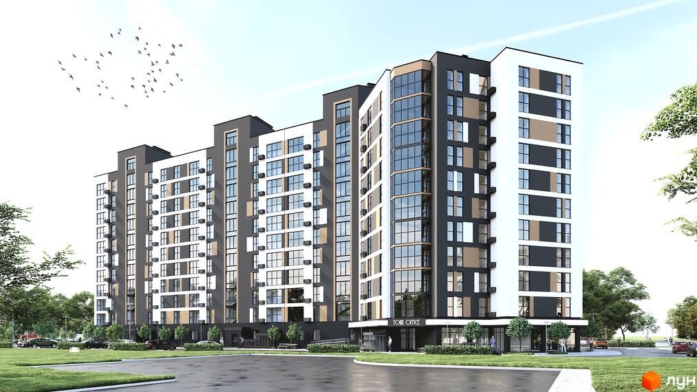 Зовнішній вигляд багатоповерхового житлового комплексу з сірими та білими фасадами, великою кількістю вікон та прибудинковою територією з деревами та парковкою.