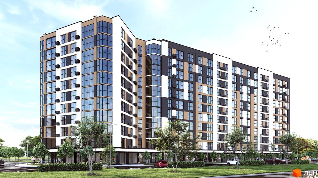 Зовнішній вигляд новобудови на просп. Відродження з великою кількістю скління та кондиціонерами на фасаді. На прибудинковій території розташовані дерева та зелені насадження.