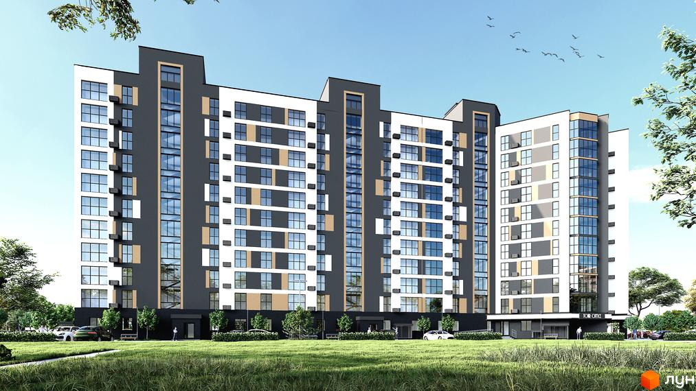 Зовнішній вигляд новобудови просп. Відродження з великою кількістю вікон та балконів на тлі блакитного неба. Прибудинкова територія з зеленим газоном та деревами.