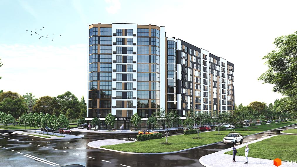 Зовнішній вигляд житлового комплексу на проспекті Відродження з багатоповерховими будинками та скляними фасадами. Прибудинкова територія з зеленими насадженнями та автомобілями.