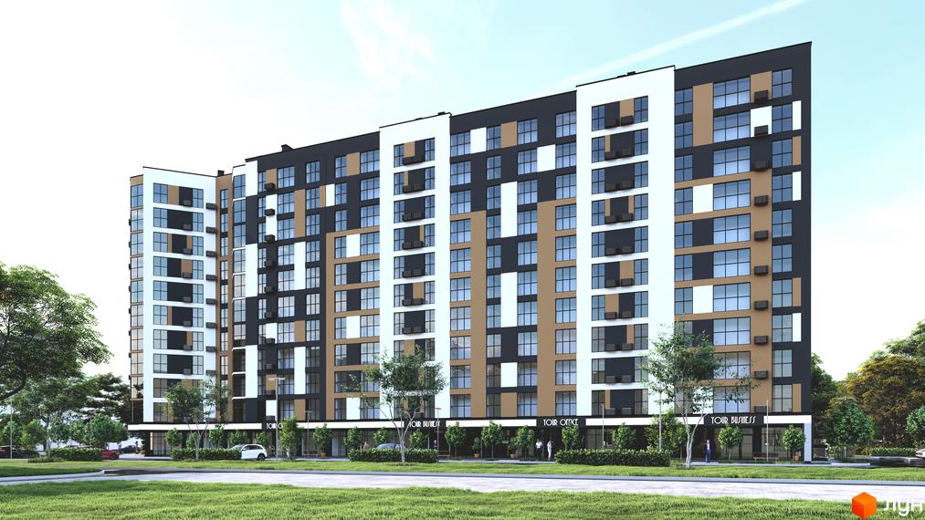 Багатоповерховий житловий комплекс на просп. Відродження з фасадом у сірих, білих та коричневих тонах. Навколо будинку зелена зона з деревами та доглянутою травою.