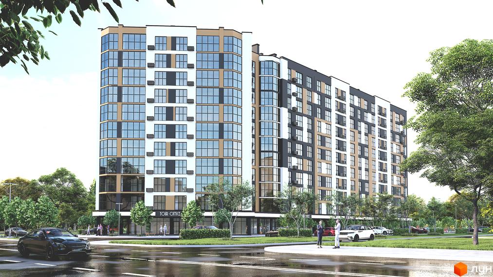 Сучасний житловий комплекс на проспекті Відродження з багатоповерховими будинками, скляними фасадами та зеленою прибудинковою територією.