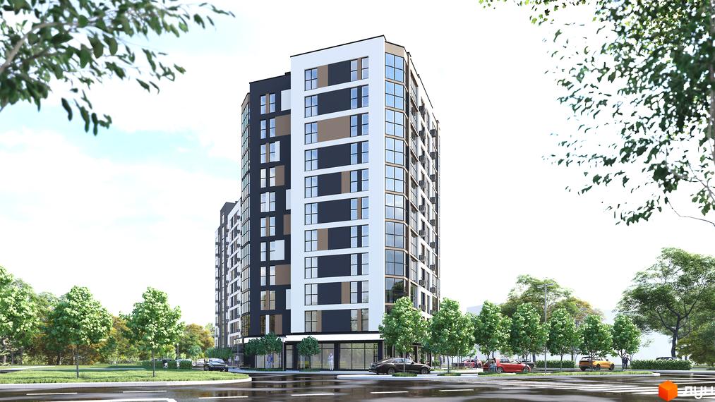 Новобудова на просп. Відродження з великими вікнами та сірими та білими фасадами, оточена зеленими деревами та паркуванням.