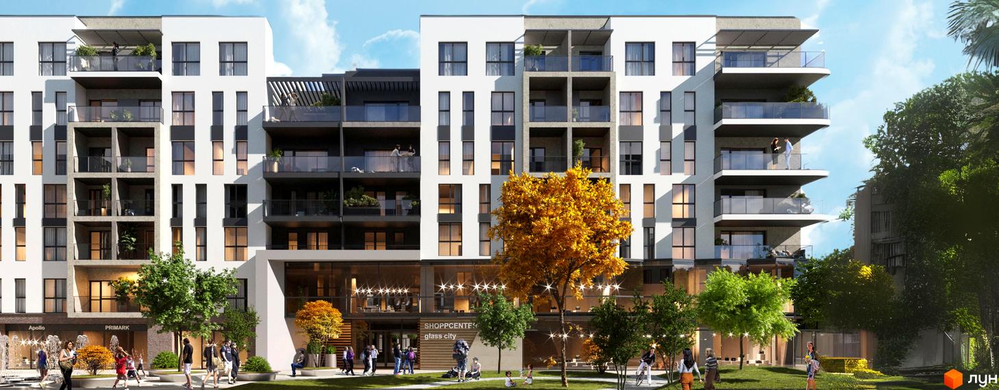 Новобудова ЖК SKY CITY з балконами та вікнами, оточена деревами та людьми на прибудинковій території.