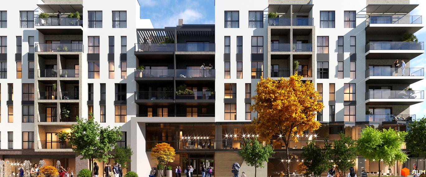 Житловий комплекс SKY CITY з білими фасадами, скляними балконами та зеленими деревами на території. Сучасна архітектура новобудови.