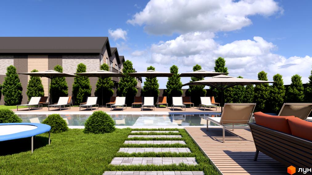 Котеджне містечко Romankiv Village з басейном, шезлонгами та зеленими насадженнями. Сучасна архітектура будівель та доглянута прибудинкова територія.