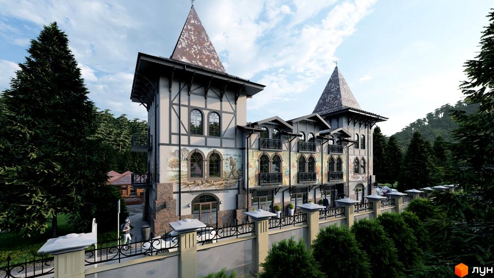 Житловий комплекс Shayan lux house у стилі шале з вежами та мальовничими фресками на фасаді, оточений смерековим лісом. На території розташована огорожа та зелені насадження.