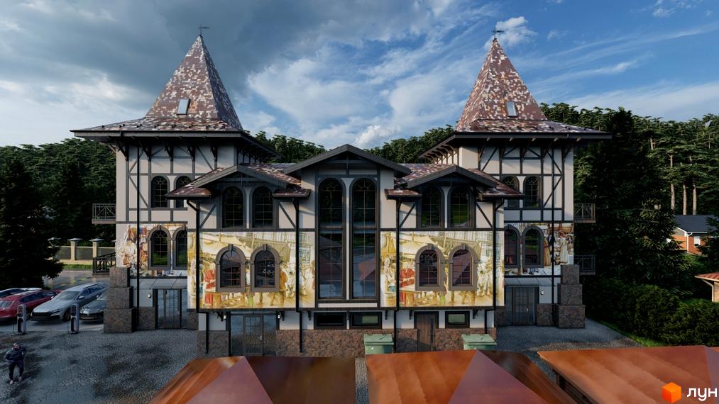 Зображення фасаду Новобудови Shayan lux house з вежами та панорамними вікнами. На передньому плані парковка та зелені насадження.