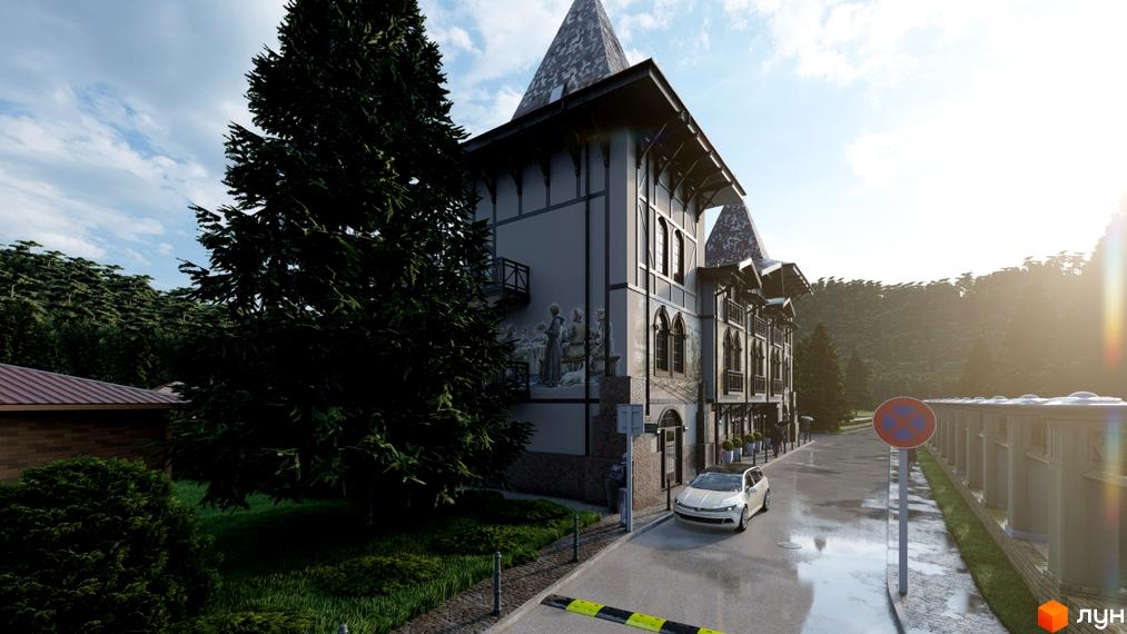 Житловий комплекс Shayan lux house з архітектурою в стилі шале, оточений зеленими насадженнями та гірським пейзажем.