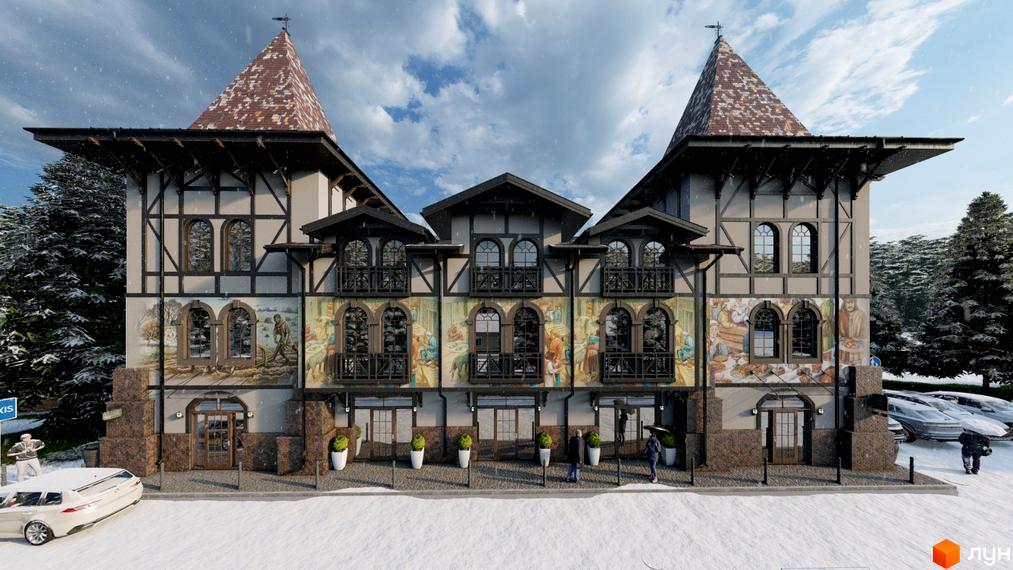 Комплекс Shayan lux house з фасадом у стилі фахверк та мальовничими фресками, розташований серед засніжених дерев.