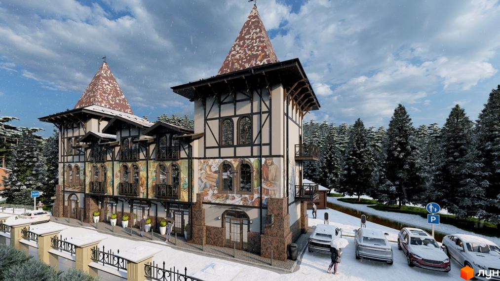 Зображення фасаду Новобудови Shayan lux house з вежами та припаркованими автомобілями взимку. Вигляд на житловий комплекс з вулиці.