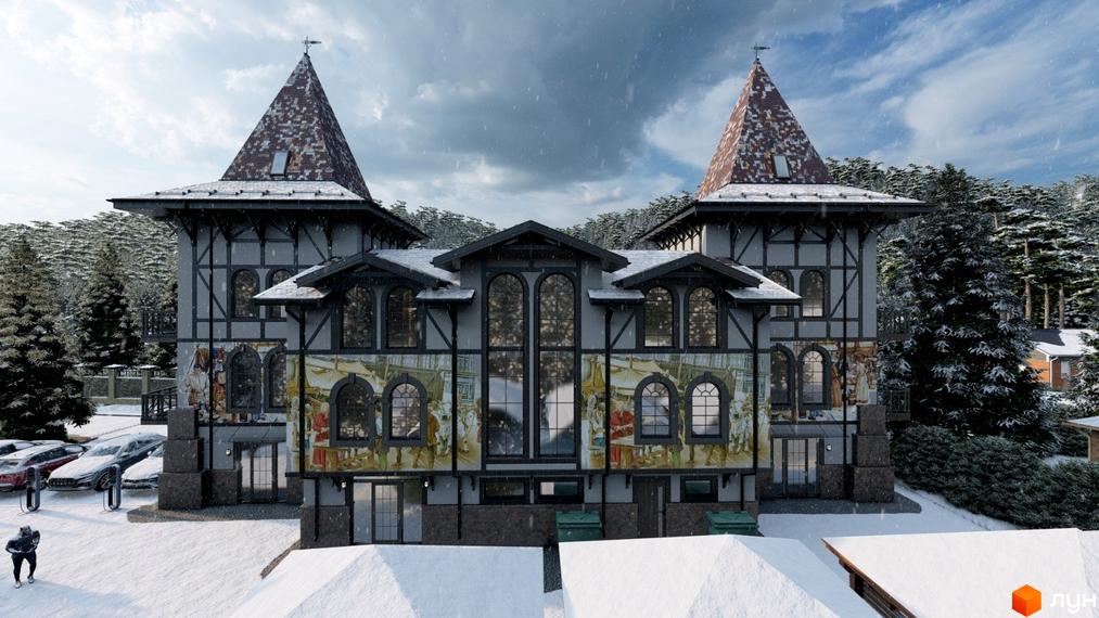 Житловий комплекс Shayan lux house у зимовому пейзажі з архітектурою у стилі шале та паркуванням.