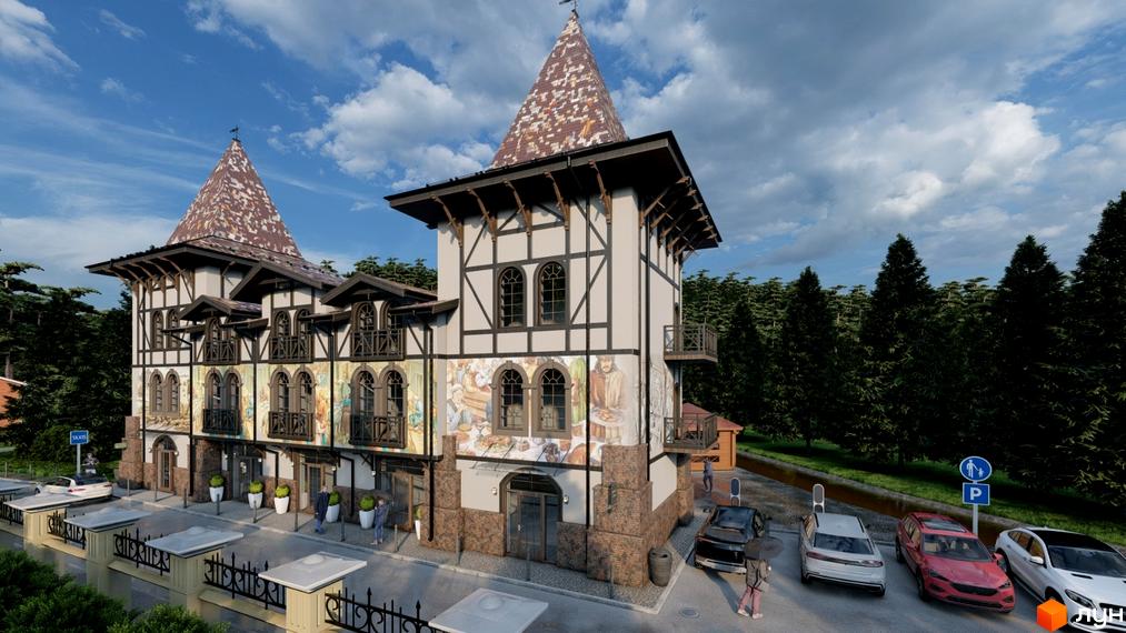 Зображення фасаду та прибудинкової території Новобудови Shayan lux house. На передньому плані автомобілі та пішохідна зона.