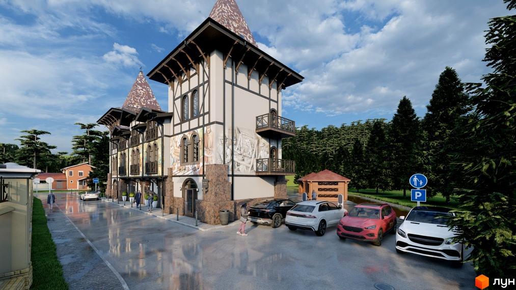 Житловий комплекс Shayan lux house з фасадом у стилі фахверк та прибудинковою територією з парковкою та зеленими насадженнями.