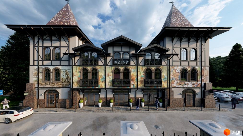 Зображення фасаду будинку в Житловому комплексі Shayan lux house. На передньому плані прибудинкова територія з парковкою.