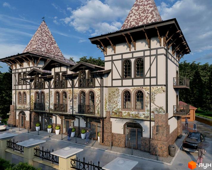 Житловий комплекс Shayan lux house з фасадом у стилі фахверк та мальовничим оздобленням стін, розташований біля лісу. На прибудинковій території видно доглянутий ландшафт та елементи благоустрою.