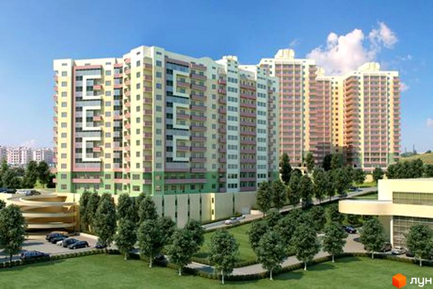 Житловий комплекс Нова Одеса: багатоповерхові будинки світлих відтінків з балконами, оточені зеленими газонами, деревами та паркінгом.