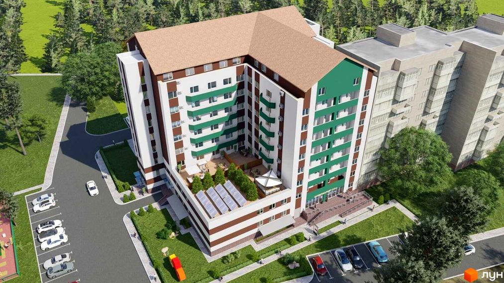 Житловий комплекс Еко Дім – це багатоповерхова новобудова з зеленими та коричневими фасадами, розташована біля паркової зони з місцями для паркування та дитячим майданчиком.