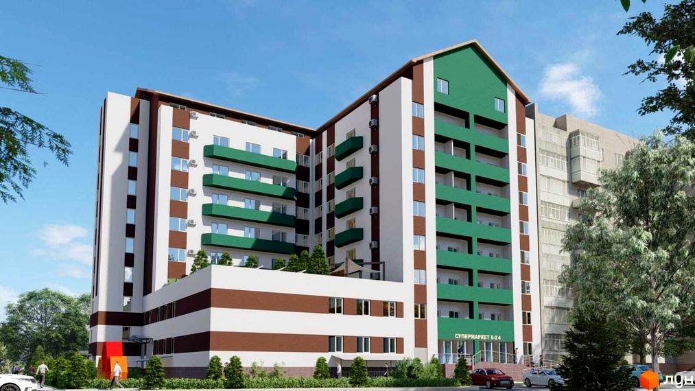 Зовнішній вигляд новобудови ЖК Еко Дім з зеленими балконами та коричневими смугами, поруч дерева та прибудинкова територія з автомобілями.