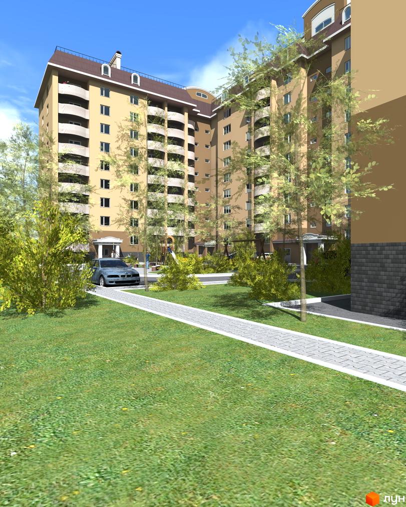 Житловий комплекс Бородянський: багатоповерховий будинок з балконами та зеленим двором. На території є дитячий майданчик та доріжка для пішоходів.