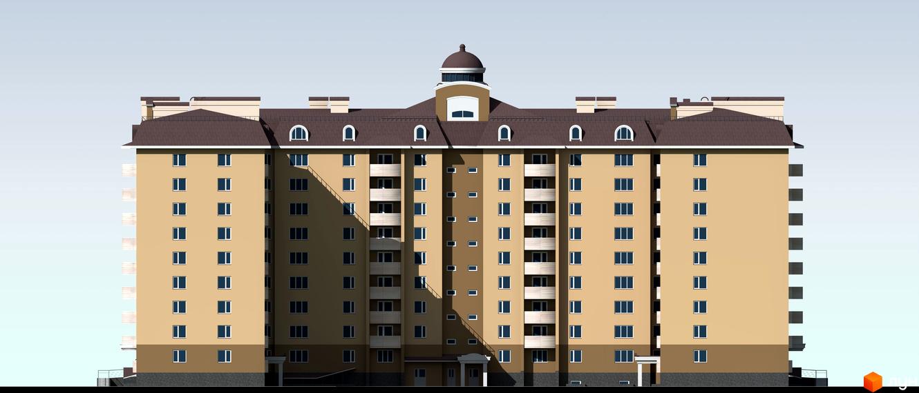 Житловий комплекс Бородянський: багатоповерхова новобудова з бежевим фасадом, коричневим дахом та центральним куполом. На фасаді розташовані численні вікна та балкони.