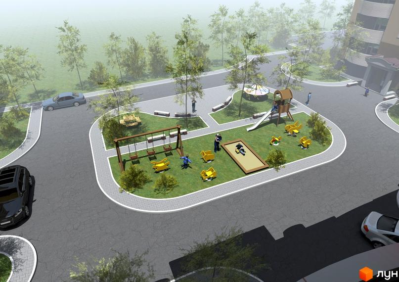 Житловий комплекс Бородянський: вид зверху на дитячий майданчик з гойдалками, пісочницею та гіркою. Поруч розташована дорога з автомобілями та зелена зона з деревами.