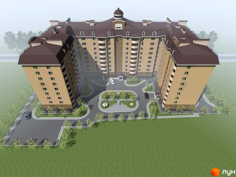 Житловий комплекс Бородянський: багатоповерховий будинок з коричневим дахом та бежевими фасадами. Прибудинкова територія з зеленими насадженнями та дитячим майданчиком.