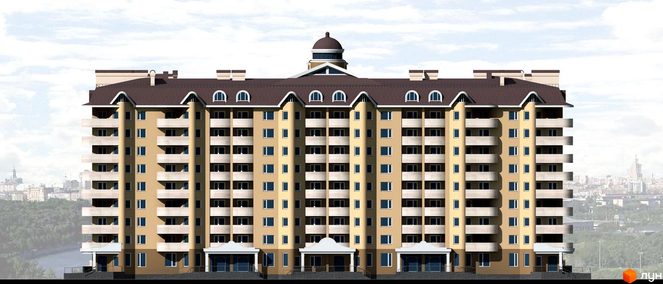 Фасад житлового комплексу Бородянський з балконами та вікнами. Будинок має багатоповерхову структуру з коричневим дахом та бежевими стінами. Навколо будинку видно міський пейзаж.