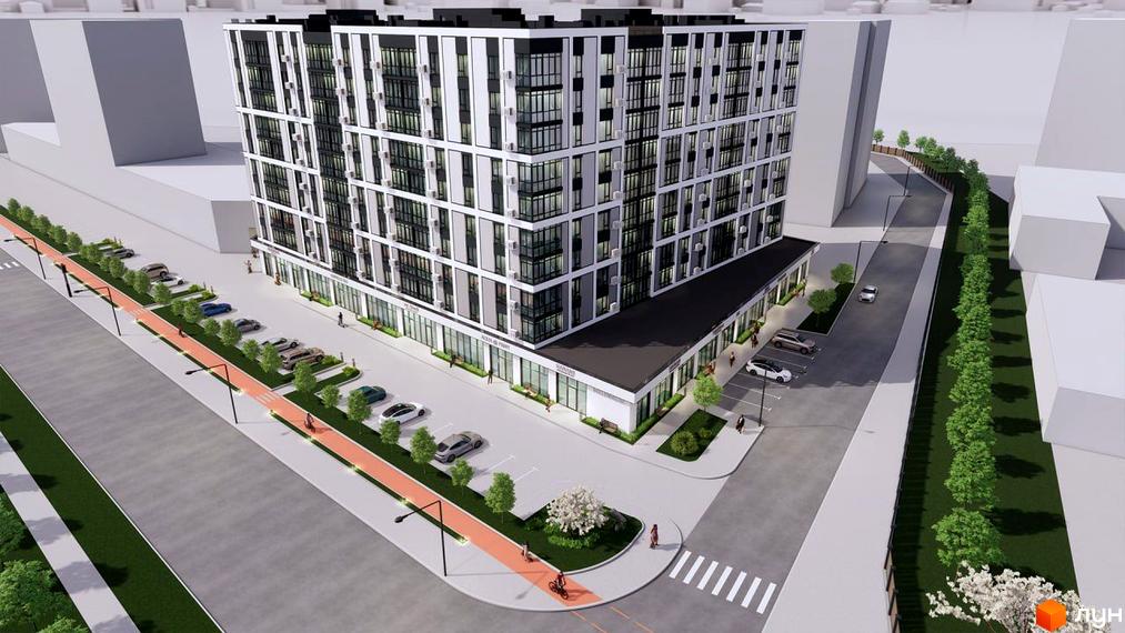 Житловий комплекс Millennium – це багатоповерхова новобудова з біло-чорним фасадом, великою кількістю вікон та балконів. Територія навколо будинку облаштована парковкою, велодоріжками та зеленими насадженнями.