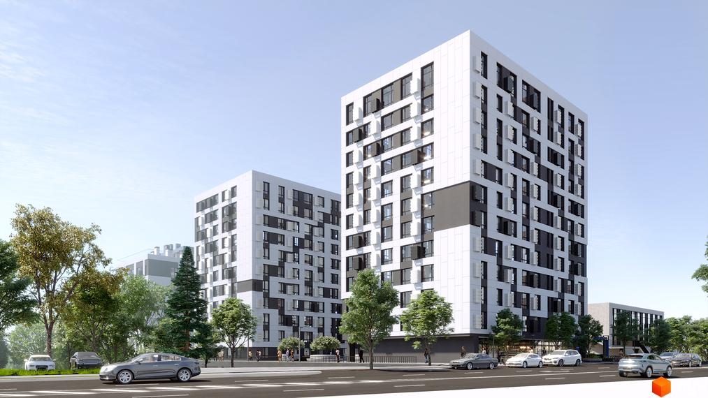 Зовнішній вигляд новобудови ЖК LAKETOWN з біло-сірими фасадами та численними вікнами. Навколо розташовані дерева та дорога з автомобілями.