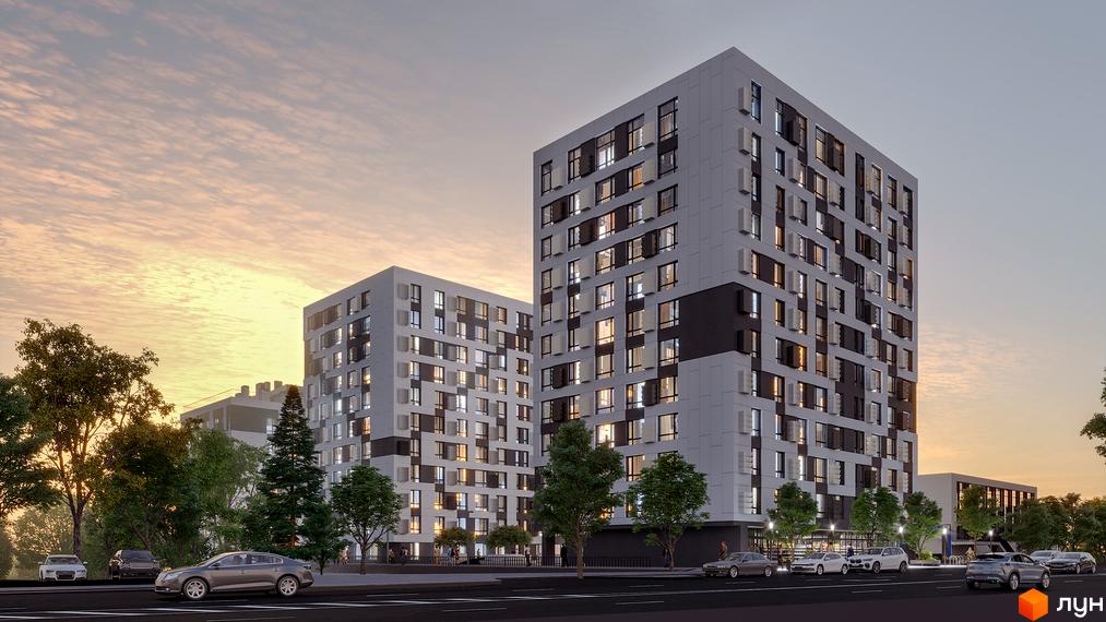 Житловий комплекс LAKETOWN. Сучасні багатоповерхові будинки з панорамними вікнами та доглянутою прибудинковою територією з деревами та автомобілями на парковці.