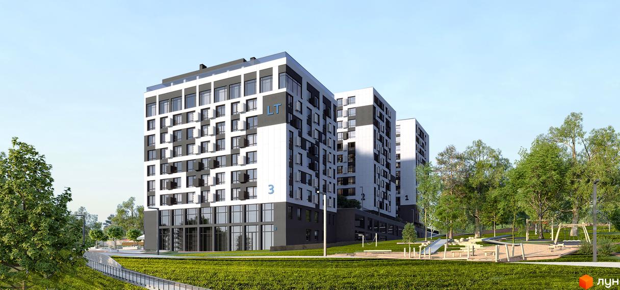 Новобудова ЖК LAKETOWN з біло-сірим фасадом та великою кількістю вікон. Поруч розташований дитячий майданчик та зелена зона.
