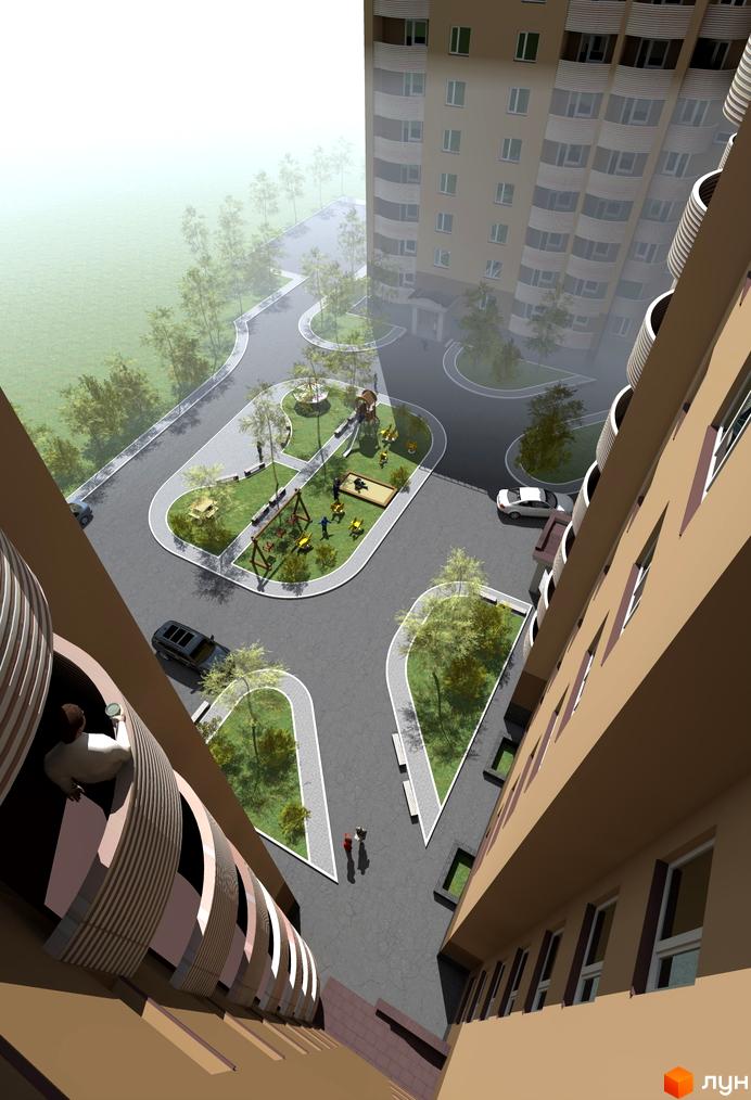 Житловий комплекс Бородянський: багатоповерховий будинок світлого кольору з балконами. Прибудинкова територія має дитячий майданчик, зелені зони та доріжки.