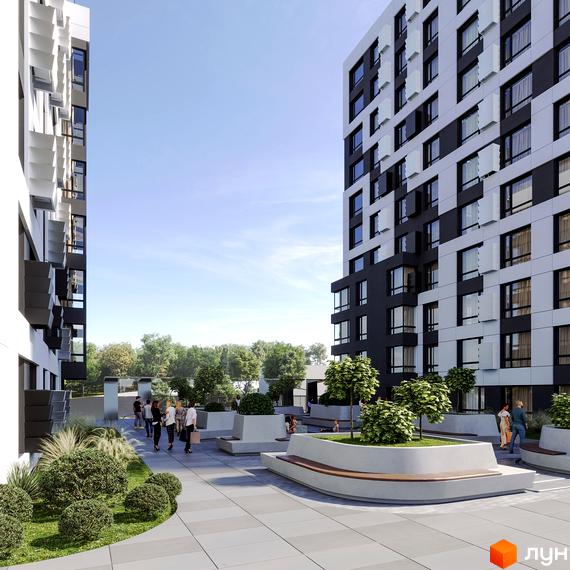 Житловий комплекс LAKETOWN: багатоповерхові будинки з чорно-білим фасадом та великими вікнами. Прибудинкова територія облаштована зеленими зонами, лавками та вимощеними доріжками.