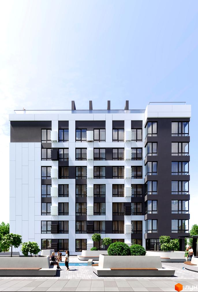 Житловий комплекс LAKETOWN з біло-сірим фасадом та кондиціонерами. На прибудинковій території розташовані лавки та зелені насадження.