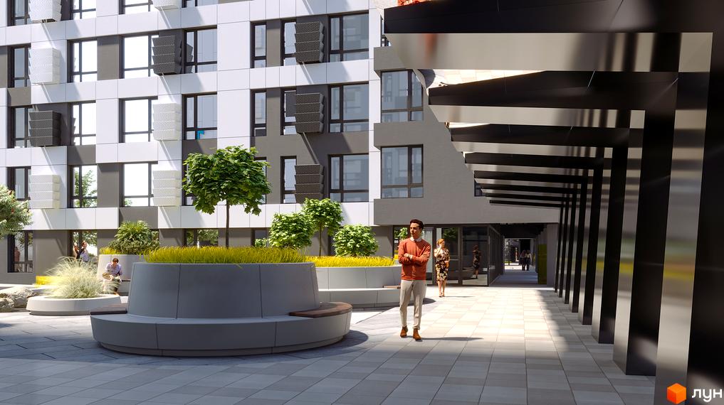 Зовнішній вигляд будинку ЖК LAKETOWN з сірими та білими фасадами та прибудинковою територією з ландшафтним дизайном та зонами відпочинку.