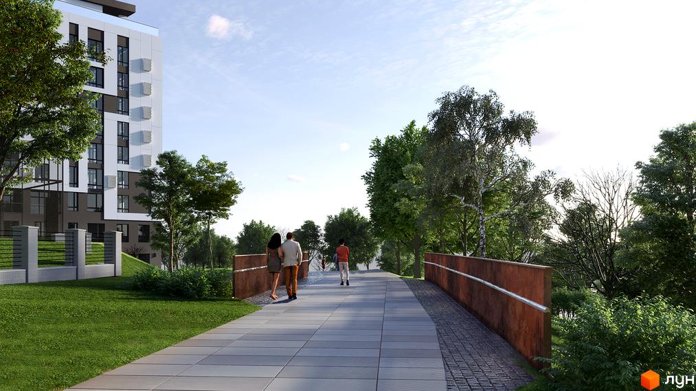 Житловий комплекс LAKETOWN з сучасною архітектурою та доглянутою прибудинковою територією з пішохідними доріжками та зеленими насадженнями.