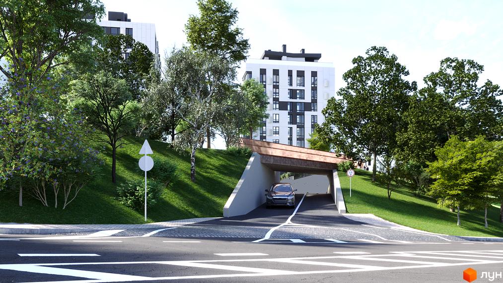 Житловий комплекс LAKETOWN: білі багатоповерхові будинки з темними вікнами, оточені зеленими пагорбами та деревами, з підземним проїздом для авто.