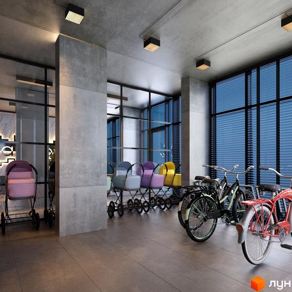 Просторий інтер'єр Житлового комплексу LAKETOWN з великими вікнами, бетонними елементами та зоною для зберігання візочків і велосипедів.